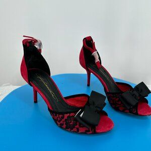 Hal Rubenstein Red Suede & Black Lace Open Toe pump NEW 7M